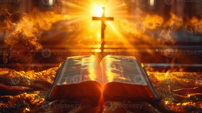 教堂圣所内一本闪闪发光的圣经和一个十字架