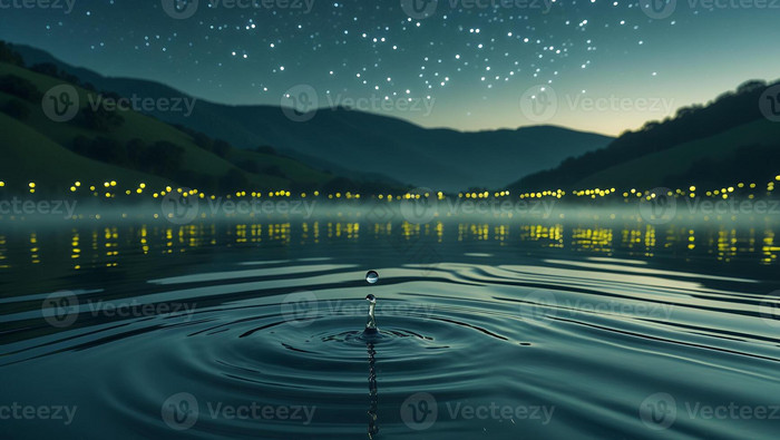 星空下的夜晚湖面上水滴泛起涟漪